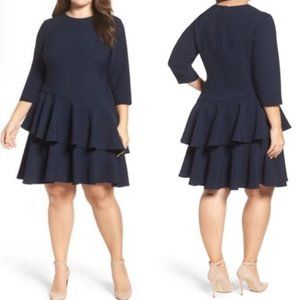 Eliza J Ruffled tiered short shift dress, plus size 16W, navy, ¾ length sleeve